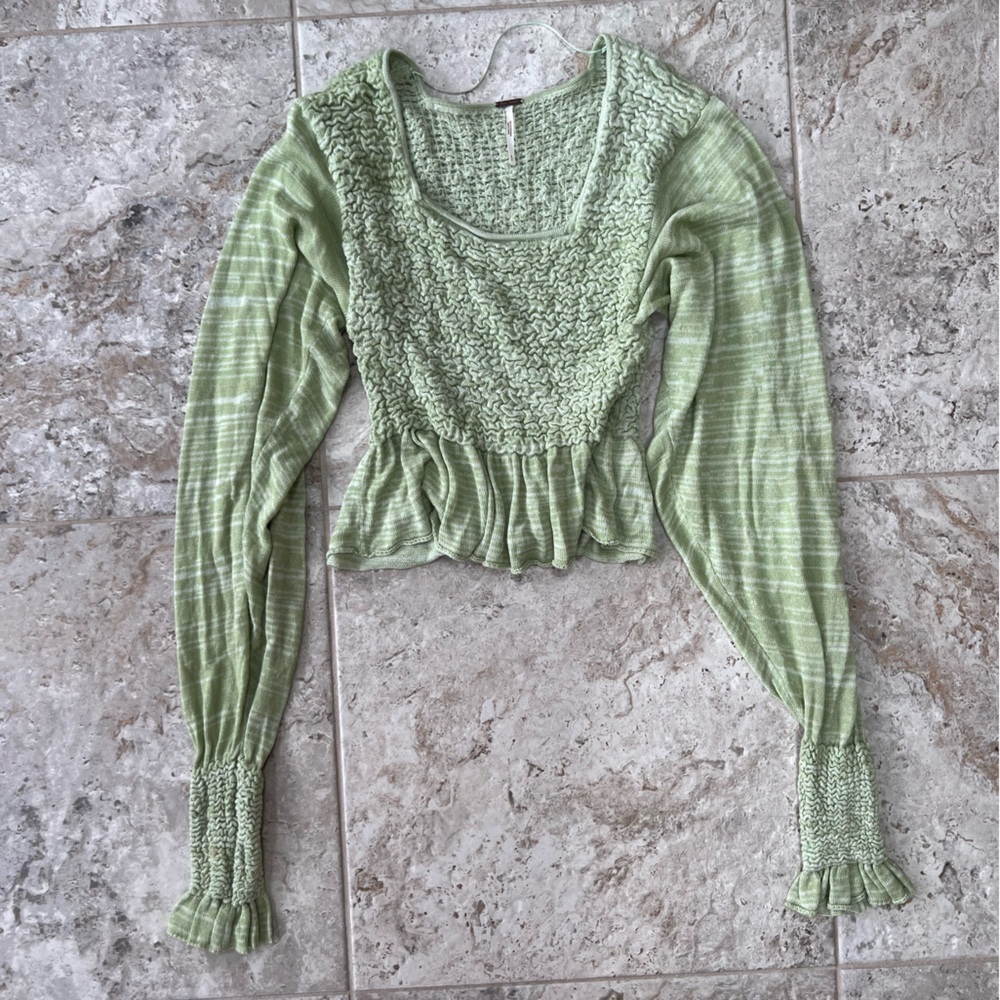 Free People Free Spirit Smocked Knit Peplum Sweater Crop Top, Seafoam Green, S - Picture 11 of 12